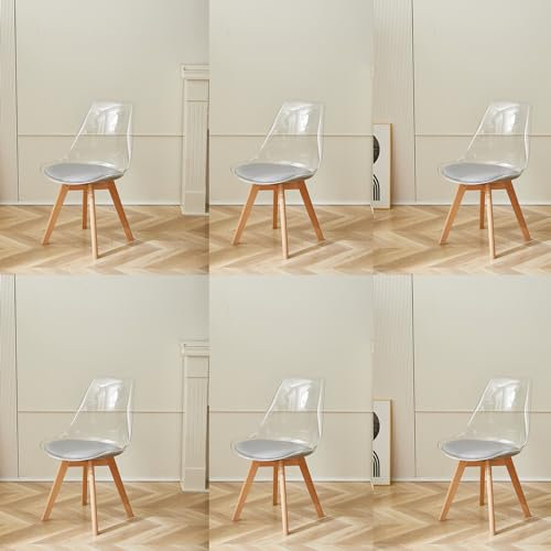 GrandCA HOME 6er Set Esszimmerstühle mit Sitzkissen aus PU-Leder, transparente Beistellstühle für Küche, Esszimmer, Schlafzimmer (Grau/PU)