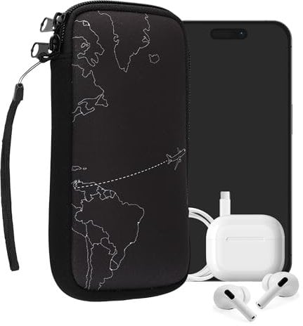 kwmobile Neoprene Sleeve for Smartphone Size XL - 6.7/6.8 - Shock Absorbing Pouch Case - Protective Phone Bag - Travel & Explore White/Black