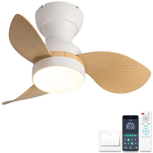 Ø56cm Mini Lampadario con Ventilatore da Soffitto, Ventilatore a Soffitto con Luce e Telecomando Piccolo, Reversibile Estate Inverno Modalità 6 Velocità Motore DC Silenzioso, Bianco + venatura legno