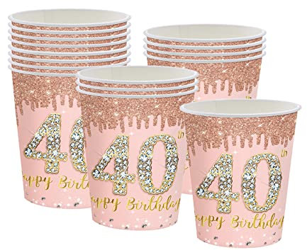 16Pcs 40th Birthday Rose Gold Paper Cups Party Decor,40th Rose Gold Women Birthday Disposable Party Paper Cups,Happy 40th Birthday Tableware Decorations for Her,Women,40th Birthday Gifts Party Supplie