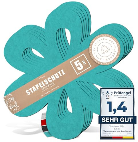 LoFelt® Pfannenschoner & Stapelschutz für Pfannen, Töpfe, Schüsseln und noch mehr Küchenutensilien - 5 Stück in L Ø 32cm - Pfannenschutz Topfschutz aus Filz in Türkis - Blumenform