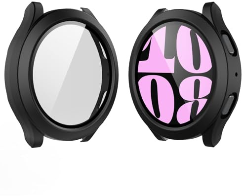 YoLin 2 Pack Hard Protective Case with Tempered Glass Screen Protector Compatible Samsung Galaxy Watch 6 40mm, PC Ultra-Thin All-around Cover For Samsung Galaxy Watch 6 40mm (2 Black)