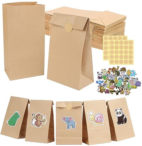 48 StüCk PapiertüTen Klein,9x18x5.5cm Kraftpapier TüTen,MitgebseltüTen GeschenktüTen Papier,Zusammenklappbare MitgebseltüTen, GeschenktüTen Kindergeburtstag,Diy-GeschenktüTen Mit 50 Aufklebern