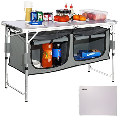 VEVOR Camping Kitchen Station, 3 Adjustable Height Folding Outdoor Camp Cooking Table with Storage Organizer, Quick Set-up for Patio BBQ Picnic Glamping Traveling