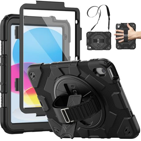 SEYMCY Case for iPad (A16) 11th/10th Generation 11/10.9 inch 2025/2022, Full-body Shockproof with 360° Rotating Hand Strap & Stand, Screen Protector, Shoulder Strap, Pencil Holder, Black