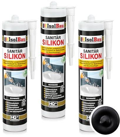 Isolbau Lot de 3 cartouches de silicone sanitaire - 300 ml - Noir - Mastic en silicone hautement élastique pour joints et joints - Résistant à la moisissure et à l'eau
