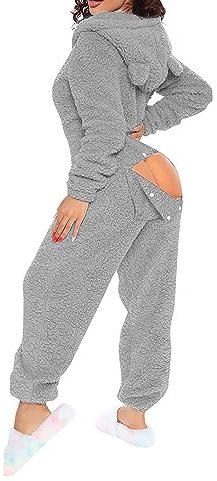 Jumpsuit Damen Kuschelig Mit Po Klappe - Overall Mit Ohren Offener Schritt Badysuit Sexy Fleece Schlafanzug Einteiler Flausching Pyjama Plüsch Onesie Festlich Freizeitanzug