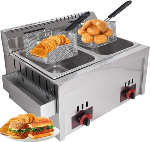 Stainless Steel LPG Fryer, Double Tank - Freestanding Deep Fat Fryer With Removable Basket, Lid, & Temperature Control