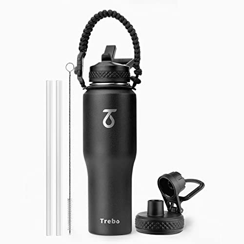Trebo Gourde Inox Isotherme - Gourde Isotherme 1L Bouteille d'eau Acier Inoxydable à Double Gourdes Sans BPA pour Sport Gym école, Noir
