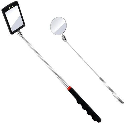 2PCS Telescopic Inspection Mirror, LED Telescopic Inspection Mirror | Portable Round 360 Degree Rotating Inspection Mirror Flashlight and Round/Square Inspection Mirror
