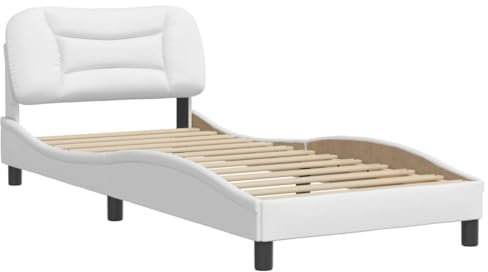 vidaXL Bettgestell, Bett mit Kopfteil, Bettrahmen mit Sperrholzlatten, Polsterbett Einzelbett für Schlafzimmer, Kunstleder Weiß 90x190cm
