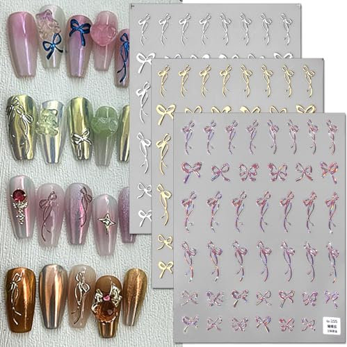 5D Nail Art Schleife Nagelsticker Laser Rosa Schleifen Nagelfolie Selbstklebend Bronzierung Gold Silber Bogen Nagelaufkleber Fliege Nagel Stickers Bow Nail Sticker Nägel Aufkleber Nageldesign Zubehör