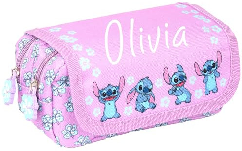 Disney Stitch Personalised Pencil Case, Purple Cute Personalised School Pencil case for Girls, 2 Large Compartments Stationery Pouch (Purple)