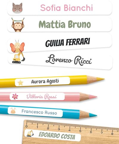 melu kids® Etichette Adesive Personalizzate Scuola [225, Bianco] - Etichette Adesive per Matite e Cancelleria - Etichette Personalizzate Scuola con Nome