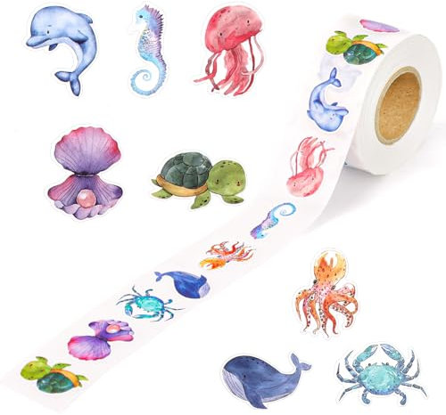 500pcs Ocean Animal Stickers Roll, Sea Creature Labels for Kids, Fish Labels for Water Bottle, Computer, Craft Supplies, Classroom Rewards