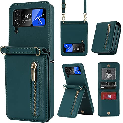 ZHOZEXIN Compatible with Samsung Galaxy Z Flip 3 Stand Stylish Flip Protective Leather Case,Wallet case with Zip,Card Slot,Cash Compartment, Phone case with Cord for Galaxy Z Flip 3 (Grün)