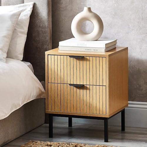 Julian Bowen Sia Bedside Table, 2 Drawer, Beige - H52 x W40 x D40cm | Modern Nightstand for Bedroom, 2 Drawers, Black Legs, Practical Storage End Table