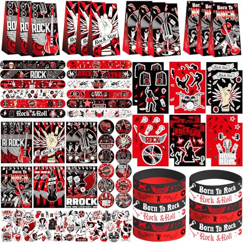 Ywediim Rock and Roll Party Dekorationen ,inklusive Geschenktüten, Aufkleber, Abzeichen, Slap Armbänder, Silikon Armbänder, DIY-Aufkleber, für Rockmusik Themenparty Zubehör