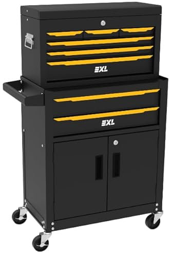 Excel EXL Combined Roller Cabinet & Top Tool Chest with 6 Drawer Tool Storage and 2 Doors Integral Locking System Tool Box Ball Bearing Drawers - Yellow