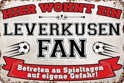 14x20 cmBlechschild für Fußball Fans, hier wohnt ein Leverkusen Fan – Wandschild, Türschild, Torschild, lustiger Fussball Spruch, Fanartikel