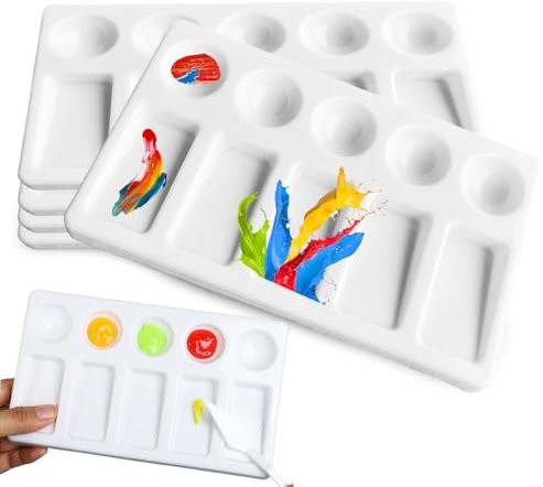 Acrylic Paint Palette, 6 PCS Watercolour Palette 10 Well Paint Mixing Palette Rectangular Paint Tray White Paint Pallet for Watercolor Oil Art Painting