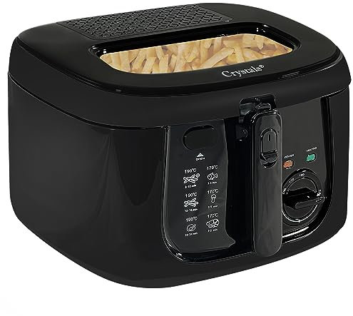 Crystals Electric Deep Fat Fryer 2.5 Litre - Small Deep Fat Fryer Easy Clean - Mini Chips Fryer with Basket & Adjustable Temperature - Oil Fryer with Mesh Basket & Safety Handle (Black)