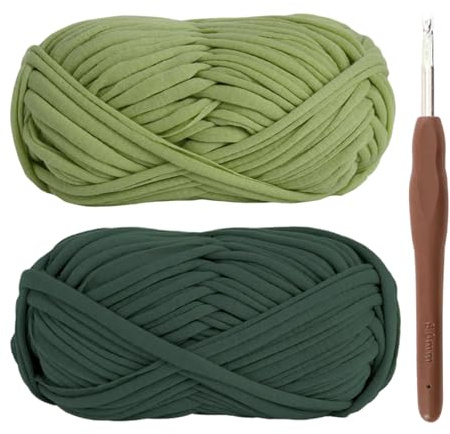 T-Shirt Garn, Bändchengarn zum Häkeln und Stricken Textilgarn 2 x 100g Dickes Polyester-Garn mit einer 6mm-Häkelnadel für Häkeltaschen, Körbe, Teppiche, Heimdekoration und DIY-Kunsthandwerk