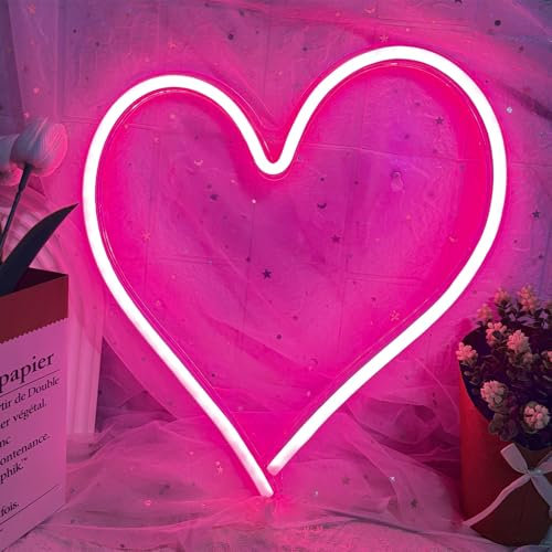 Rosa Herz LED Neon Schild, Love Heart Leuchtschilder mit Dimmbar Schalter USB Betrieben, Neonschilder für Wanddekoration, Romantische Leuchtreklame für Valentinstag, Schlafzimmer, Party, Hochzeit (L)