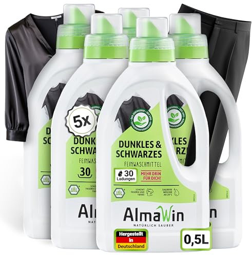 AlmaWin® Waschmittel Schwarze Wäsche [5x750ml - 150 Ladungen] für strahlende Farben frei von Verblassen - Veganes Waschmittel schwarz für schonende Reinigung mit Waschnuss [20-60°C]