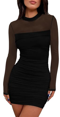 WIHOLL Womens Mesh Sheer Long Sleeve Ruched Mini Dress Fall Sexy Bodycon Little Short Sexy Nye Wedding Guest Semi Formal Cocktail Party Club Homecoming Dresses 2026 Black M