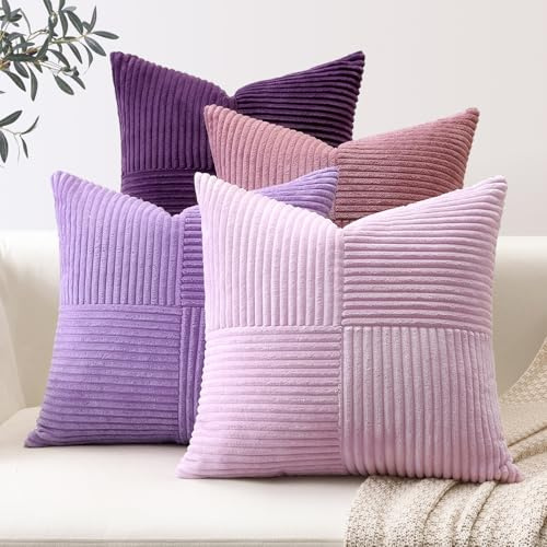 Sungeek 4er Set Cord Kissenbezüge, Kreuz Streifen Muster Kordsamt Kissenbezug Sofakissen Dekokissen Patchwork Design Deko Zierkissenbezüge Kissenhülle für Wohnzimmer (50x50cm, Lila)