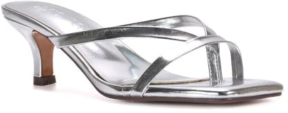 Women's Slip On Kitten Low Heel Sandals Ladies Silver Metallic Open Square Toe Post Strappy Mule Size 4