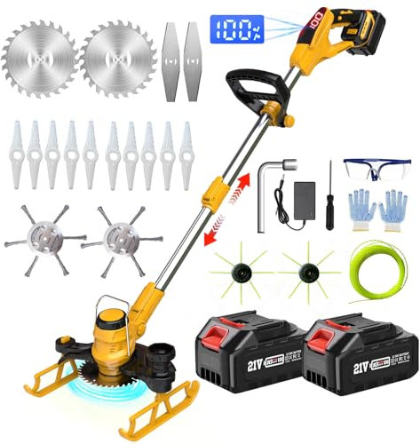 Tagliabordi a Batteria 21V, Decespugliatore a Batteria 5 in 1 Tagliabordi a Batteria con Spazzola per Erbacce e 2 Batterie Decespugliatore Elettrico, Telescopico Tagliabordi Elettrico, Yellow