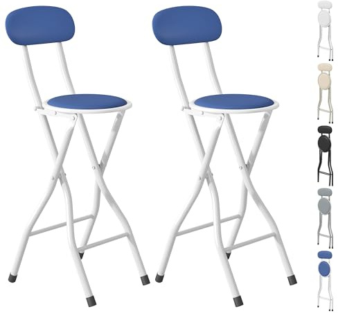 mcc direct Folding Bar Stools Set of 2, Breakfast Barstool Kitchen Restaurant Seating, Faux Leather Foldable Chairs with Metal Frame, Padded High Chairs(Blue)