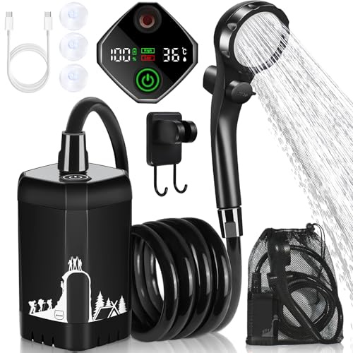 Upgrade Tragbare Campingdusche, 7800mAh Wiederaufladbare Außendusche | Elektrische Aufladung Pumpe mit Intelligenter Digitalanzeige, Temperaturanzeige, Duschkopf für Camping, Wandern, Reisen