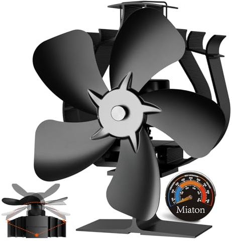Miaton Oscillating Wood Stove Fan Heat Powered With High Air Volume | 5 Blade Fireplace Fan with Stove Thermometer | Non-electric Cocoon Fan | Fireplace Accessories Tools