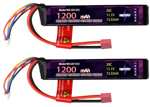 EMEPOVGY 3S Lipo Airsoft - Batería recargable de polímero de litio de 11,1 V, 1200 mAh, 20 C, con enchufe en T para pistolas de airsoft, rifle - 2096 (2 paquetes)