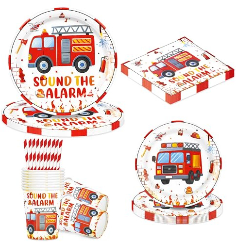 BuyCard Set de Vaisselle pour Fête à Thème Pompier - 60 Pièces pour 10 Personnes | Assiettes, Gobelets, Pailles et Serviettes aux Motifs Camion de Pompiers | Décoration Anniversaire et Événement Héros