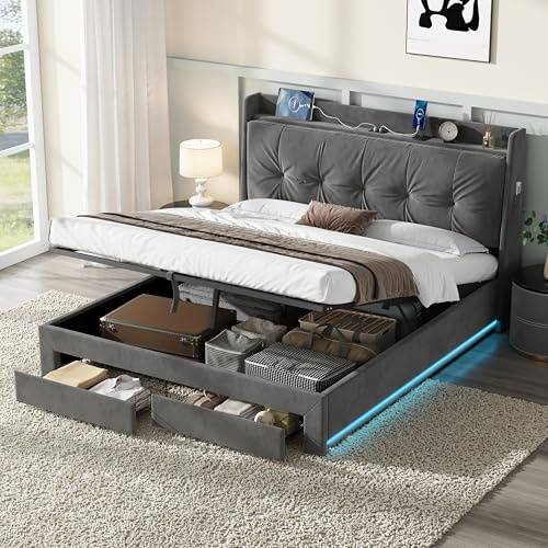 Merax King Size Upholstered Bed Frame, King Size Ottoman Hydraulic Bed, with Drawers Storage, Back Cushion Headboard, Charging Station & RGB LED Lighting, Velvet, Grey/150x200 cm(No Mattress)