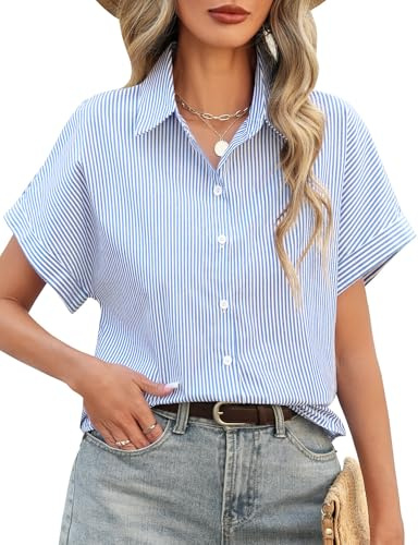 Fashora Womens Blouse Summer Tops Cotton Casual Striped Short Sleeve Blouses Elegant V-Neck Button Down Shirts Tops for Ladies Business Work Office Stylish