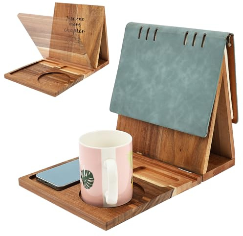 MENIBBLER Book Holder Stand for Reading Rest Wooden Foldable Book Rest with Page Holder Cup Tablet Phone Stand Reading Valet Desktop Triangle Bookstand Bookshelf for Reader Bookworm Present