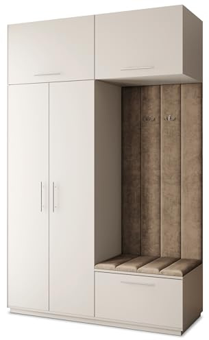 Masseno Flugarderoben Set Rema, Kleiderschrank-Set mit Sitzbank, Garderobenschrank Flur mit 5 Regalböden, Kaschmir