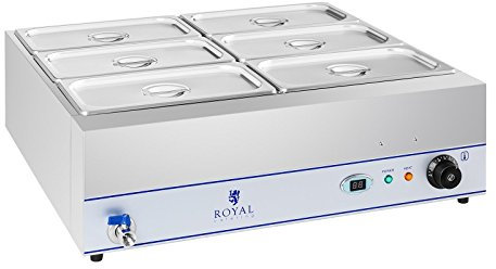Royal Catering Bain-Marie Bac GN RCBM-6W-2000 (2000W, 6 bacs GN 1/3, 5,7 l, Robinet de vidange, Écran LCD)