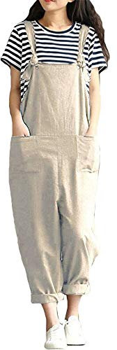 DOTBUY Salopette da Donna in Lino, Elegante Estiva Premaman Pantaloni Siamesi Donna Romper Tasche Pantaloni Larghi Tuta Overall Monopezzi Partito Playsuit (M,Crema)