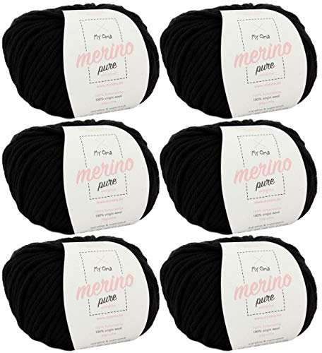 weiche Wolle zum Stricken -6x Merino pure schwarz (Fb 4200)- 6 Knäuel Merinowolle + GRATIS Label - Merino Wolle chunky - 50g/65m - Nadelstärke 6-7mm - 100% Merino - Merinowolle extrafine