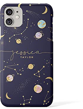 Tirita Personalised Initials Custom Hard Phone Case Compatible with iPhone 11 Pro Max PRINTED GLITTER, NOT REAL GLITTER Space Stars Moon Planets Navy Blue Constellation