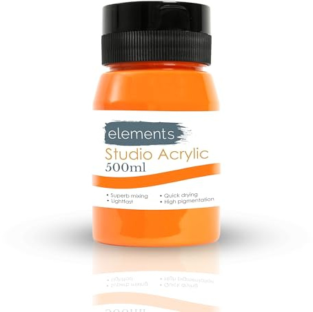 Elements 500 ml Studio Acrylic Paint Tub – Quick-Drying Paint for Canvas, Wood, Glass, and More – Low-Odour Highly Pigmented Vibrant Acrylic Paints – Cadmium Orange