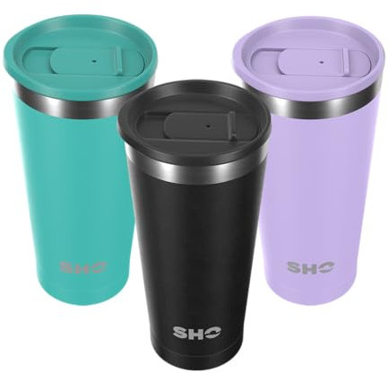 SHO Calix - Insulated Stainless Steel Coffee Cup, Travel Mug & Tumbler - Splash Proof - 500ml - 6 Hours Hot & 12 Hours Cold - Reusable, BPA Free, Thermal Vacuum Flask (Jet Black, 500ml)