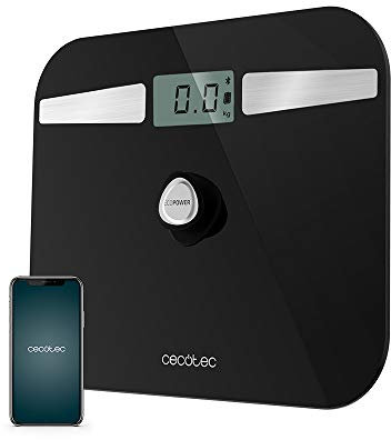 Cecotec Balance Pèse-personne avec bouton-poussoir Surface Precision EcoPower 10200 Smart Healthy Black, Verre Trempé, Sans piles, Connectivité Smartphone via Bluetooth, Grand écran LCD, Max 180 kg
