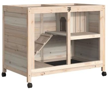 PawHut Rabbit Hutch Indoor with Wheels 2 Layers 91.5 x 53.3 x 73 cm Natural | Wooden Guinea Pig House, Hamster Cage, Bunny Cage, Openable Roof, Transparent Panel